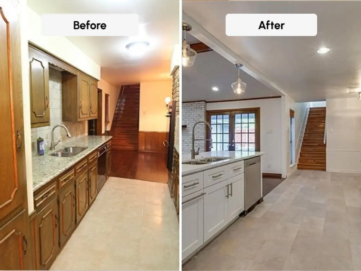 Before and after of a kitchen and room remodel.